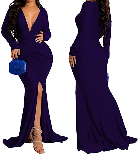 Image of Women's Elegant Formal Mermaid Maxi Dress Off Shoulder Long Sleeve Wedding Split Evening Gown Prom Cocktail Party Dresses