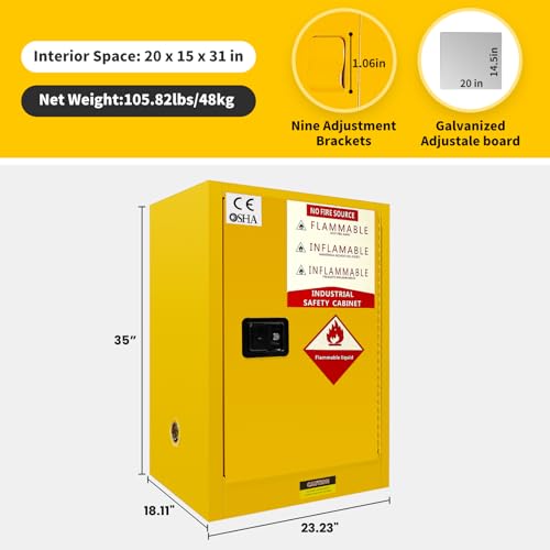 Image of 34 Gallon Flammable Cabinet, Hazardous Storage cabinets, Galvanized Steel Safety Storage Cabinet, Adjustable Shelf Fireproof Cabinet, for Commercial Industrial and Home Use 35H x 23W x 18.2D