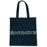 Bolso de mano negro cuenta con un diseño de logotipo de Iron Maiden plateado metálico