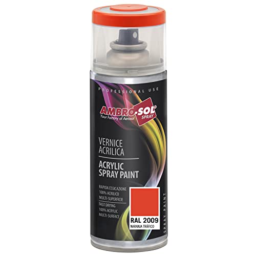 AMBRO-SOL - Pintura acrílica en spray, color Naranja Tráfico, RAL 2009, resultado profesional en múltiples superficies, exteriores e interiores, 400 ml