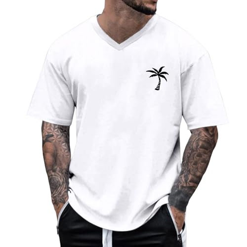 Summer Shirts for Men Casual Short Sleeve Regular Fit Comfy V Neck Tsirt Classic Coconut Printed Fashion Beach Lightweight Breathable T-Shirt Sport Running Shirt Tees Tshirt White