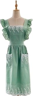 HUFFA Delantales de Cocina de Encaje de Lino y algodón Lavado, Tienda de Flores, Volantes de jardín, Delantal Limpio de Trabajo for Vestido de Mujer (Color : Green, Size : M)