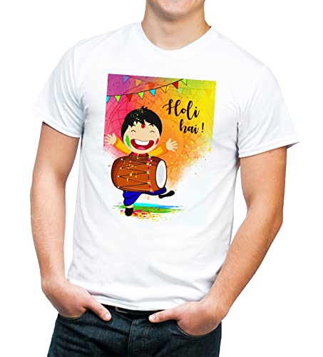 Image of Knitted Polycotton Fabric Regular Fit Men Boys Half Sleeve T-Shirt for Festival of Holi Style 10 White Size : Free