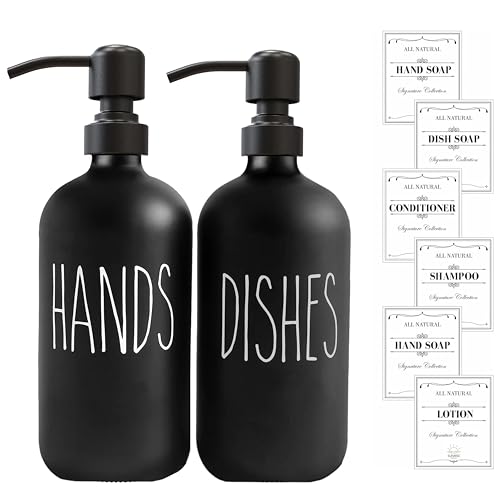 Image of Sunrise Premium 16 OZ Thick Black Glass Soap Dispenser, Matte Black Stainless Steel Pump 2 Pack, Hand and Dish Soap Dispenser Set for Bathroom with 6 Waterproof Labels