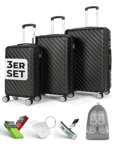 Onbest 3er Kofferset XXL Komplettpaket – Sichere und leichte ABS Hartschalenkoffer 20' 24' 28' mit Rollen – Reisegepäck Set: Reisekoffer, Trolley, Rollkoffer inkl. digitaler Kofferwaage (Schwarz)