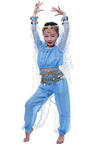 Astage - Astage MädchenBauchtanz Kostüme, Langarm Highlights Top, Hose Himmelblau L (Passend 52in-57in / 130cm-142cm)