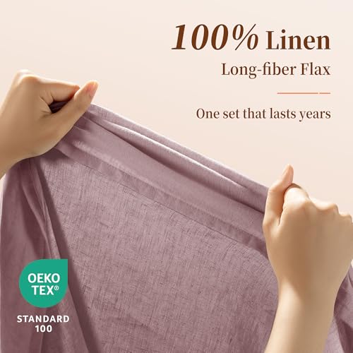 Image of 100% Pure Linen Sheet Set for Hot Sleepers, Breathable Natural Linen Sheets 4pcs, Bedding Set Deep Pocket Up to 16 inch Moisture-Wicking, Softens with Every Wash (Embroidery Purple Full)
