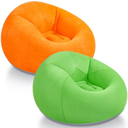 Image of Realspring Inflatable Bean Bag Chairs Outdoor Blow up Camping Chairs Inflatable Lazy Sofa Folding Portable Bean Bag Loungers Couch for Movie Night(Orange, Green,2 Pcs)