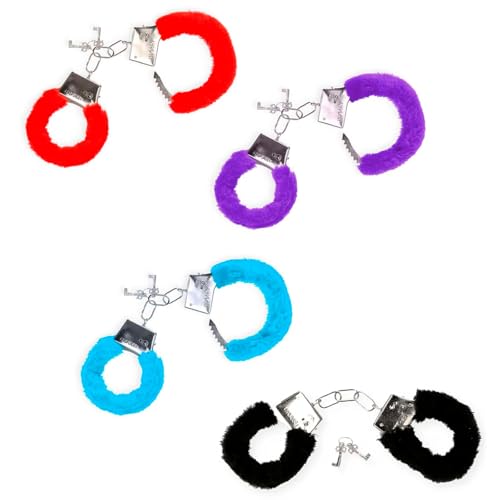 AC - Pack de 2 Pares de Esposas metálicas con Pelo, Incluyen Llaves y botón de Seguridad, complementos, Disfraces, Carnaval, Halloween, Role Play (Color Aleatorio)