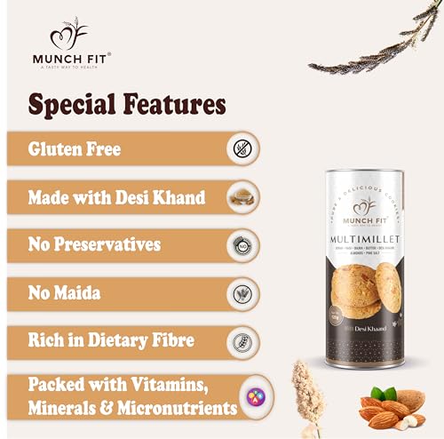 Image of Munch Fit Healthy Multimillet Cookies 125gm Pack of 2 | Egg Less Cookies Made Desi Khand with Jowar Ragi Bajra Cookies | Gluten Free, No Maida, No Added Sugar | 100% Natural Crunchy Snacks
