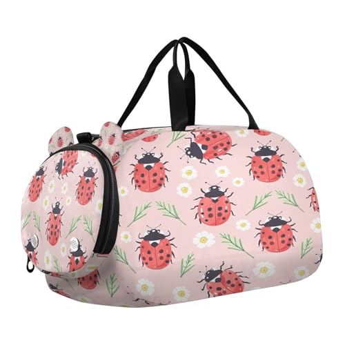 YETTASBIN Sport Travel Duffel Bag for Girls Boys, Ladybugs Large Waterproof Weekender Overnight Bag, Detachable Shoulder Strap Gym Bag with Shoe Compartment & Wet Pocket