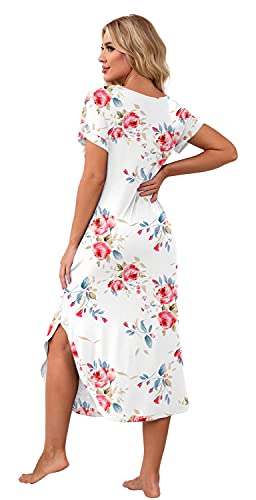 Prinstory Womens Long Nightgowns V Neck Loungewear Short Sleeve Sleepwear Casual Nightdress Fp White-X-Large #TOP1