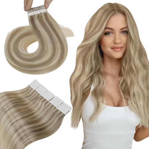 Hetto Tape in Hair Extensions Human Hair Golden Blonde Highlights 22 Inch, Invisible Tape in Human Hair