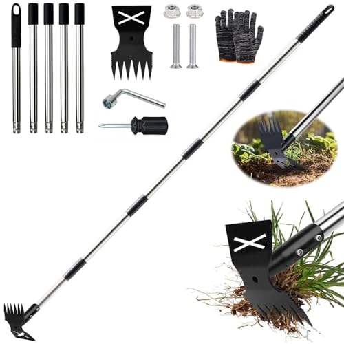 Unkrautstecher mit Langem Stiel 180cm, 2-in-1 Unkrautrechen und Gartenhacke, Unkrautjäter mit Stiel, Unkrautzieher Werkzeug, Gartengeräte Unkraut Jäten Für Hof, Rasen, Terrasse und Garten