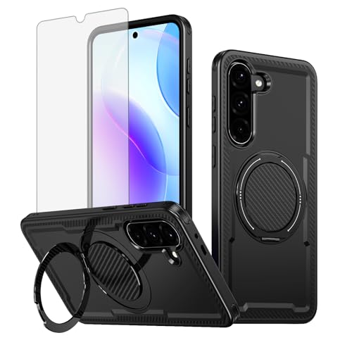 Furill Phone Case for Samsung Galaxy S24/S25 5G with Tempered Glass Screen Protector Slim Magnetic Rugged Stand Ring Holder Hybrid Protective Cell Cover S 24 24S 25 25S G5 SM-S931U Women Men Black