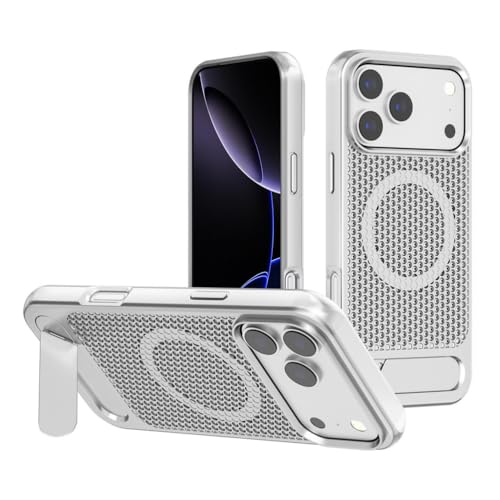 For iPhone 17/17 Air/17 Pro/17 Pro Max用マグネット式ケース、スリムな放熱性電話ケース、メタルキックスタンド、ワイヤレス充電カバー付き