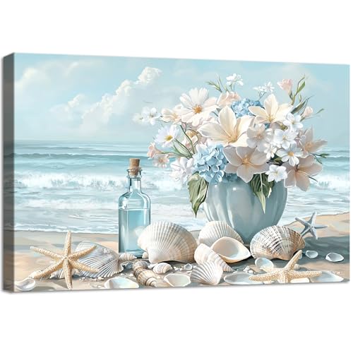 Wooden Framed Canvas Wall Art Blue Ocean Coastal Seascape Painting on Canvas Prints Poster Hydrangea Lilies Flower in Vase Pictures for Living Room Bedroom Home Hallway Corridor Wall Decor 30x40cm