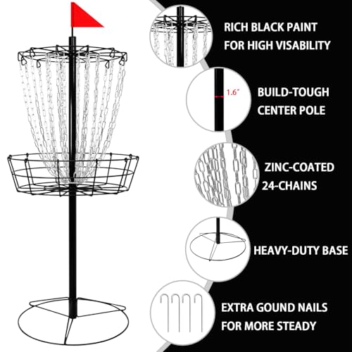 Image of Disc Golf Basket - Portable Disc Golf Target with Heavy Duty 24-Chains Come with 6pcs Disc Golf Discs and Carry Bag, Ground Stake -Suitable for Players of All Levels - Multi Color Available