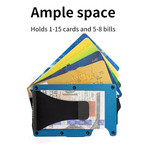 Image of Minimalist Wallet for Men, Slim Metal RFID Blocking Wallet Credit Card Holder Money Clip & Cash Strap, Scratch-Resistant Holds 15 Cards,Ideal Gift for Men | Matt Blue