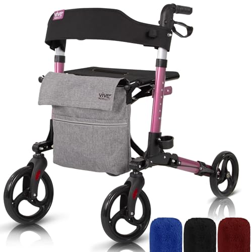 Vive Mobility Rollator Walker - Folding 4 Wheel Medical Rolling Walker with Seat & Bag - Mobility Aid for Adult, Senior, Elderly & Handicap (Pearl Pink, Gray Bag)