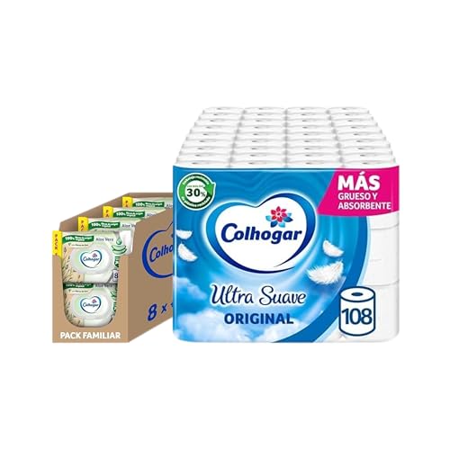 Colhogar Ultra Suave 108 rollos y toallitas húmedas Aloe Vera 640 unidades para higiene familiar