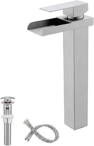 BF010L - Grifo de lavabo de baño, grifo de baño de níquel cepillado, grifo de fregadero alto de recipiente alto, grifo de caída de agua de un solo