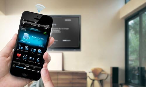 Front panel of Denon AVR-E400 showing input selection, volume knob, and front ports including USB and headphone jack.