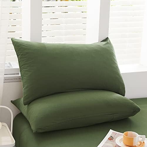 LIFETOWN Jersey Knit Cotton Pillow Cover Olive Green Pillowcase Queen Pillow Shams Envelope Closure Pillow Case Standard Set of 2