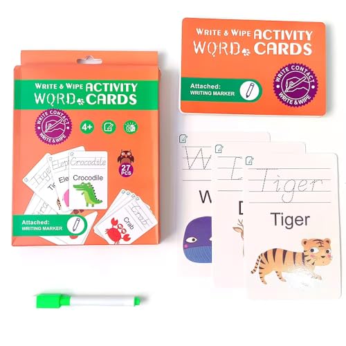 Image of Adora Interactive Write & Wipe Activity Cards Fun Easy Learning Word Play for Preschoolers & Toddlers 12+ Months | Includes Marker Alphabet /123 Word 27 Pcs Cards (Learning Alphabet Word, 8 * 6 Inch)