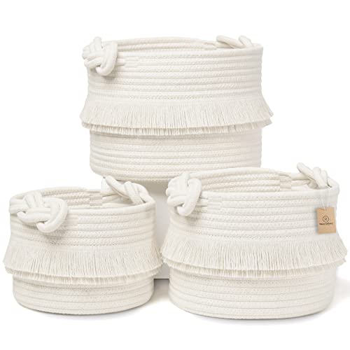 Image of NaturalCozy 3-Piece Decorative Storage Basket Set – Cotton Rope Woven Baskets for Organizing! Small Storage Bins for Nursery Baby Stuff, Gift, Montessori, Dog Toy Bin, Cat Toys, Bathroom Shelves