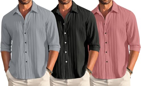Image of FINIVO FASHION Combo of Men's Casual Cotton Plain Button Down Shirt Long Sleeve Textured Summer Beach Shirt for Men Pack of 3