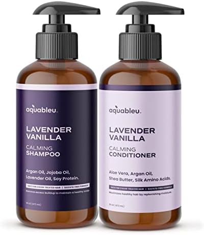 Aquableu Natural Lavender Vanilla Shampoo & Conditioner Set - Gentle Ultra Calming Multitasking Cleanser - Nourishing & Restorative - Jojoba Oil - Sulfate & Paraben Free - For color treated hair 16 oz (Packaging May Vary)