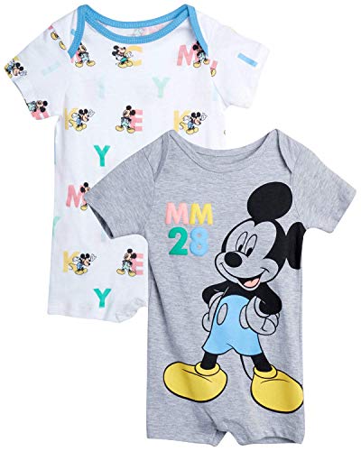 Disney Baby Boys' Mickey Mouse 2 Pack Short Sleeved Romper with Snap Closure (Newborn/Infant), Size 0-3 Months, Grey/White Mickey