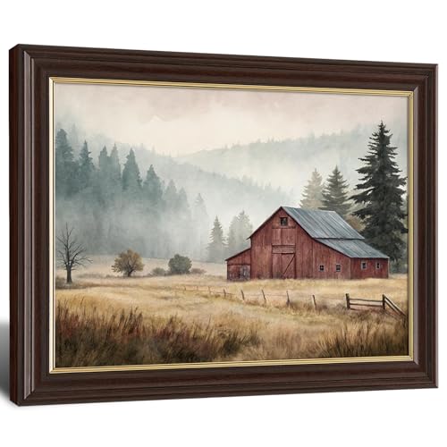 Image of Antique Framed Red Barn Canvas Art, Misty Mountain Farmhouse Landscape Canvas Prints, Vintage Watercolor Wall Decor Pictures for Living Room Bedroom Bathroom