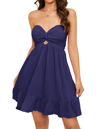 Image of HOCANDY Womens Strapless Mini Dress Twist Knot Front Cut Out Babydoll Dress Smocked Backless Ruffle Hem Tube Dresses