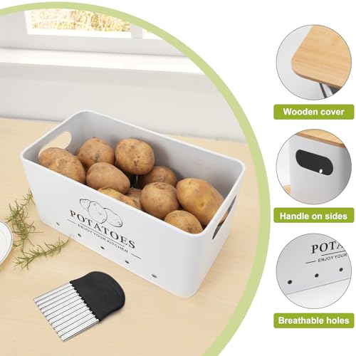Dekosilave Kitchen Vegetable Storage Set of 3, Metal Onion Garlic Potato Storage Set, Kitchen Canisters Vegetable Keeper Containers with Aerating Holes and Wooden Lid (White) by Dekosilave - Image 3