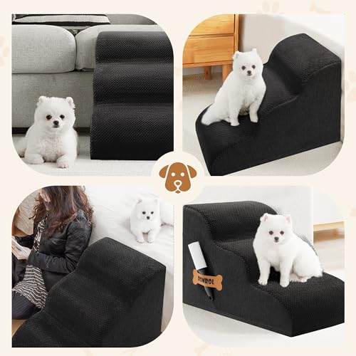 Romrol Dog Stairs Ramp for Beds Couches, Extra Wide Pet Steps with Durable Non-Slip Waterproof Fabric Cover, Dog Slope Stairs for Small Dogs and Cats or Pets Friendly, 3-Tiers, 13 Inch,Black