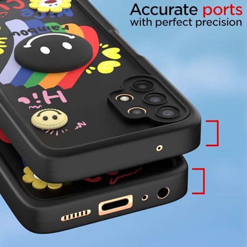 Image of Pikkme Back Cover for Samsung Galaxy A13 4G / A13 5G | Soft Silicone| Cute Rainbow Smile & 3D Cartoon Flower Design | Shockproof Raised Camera Protection Bumper Case (Black)