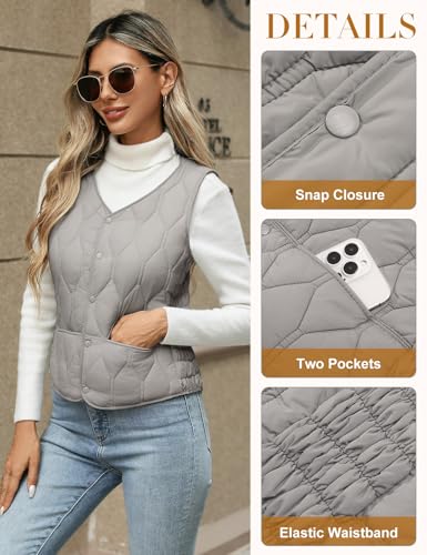 Women's Quilted Vest V Neck Fleece Puffer Vest Slim Fit Button Down Padded Gilet Sleeveless Outerwear Coat3