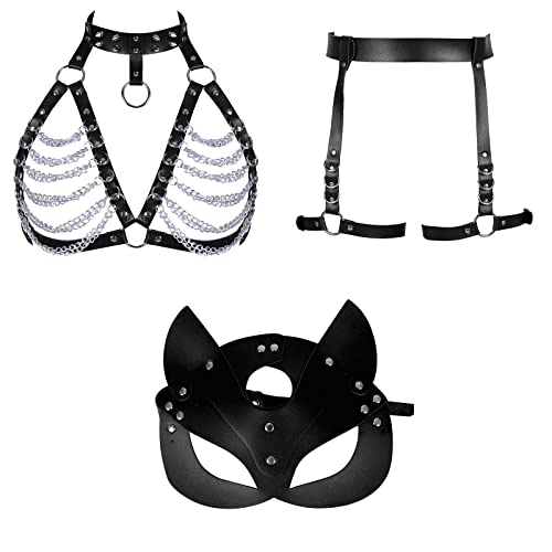 Arnés para el cuerpo de las mujeres de cuero Fox con los ojos vendados máscara de lencería cadena completa jaula ahueca hacia fuera liguero conjunto Goth Punk ropa, Negro, Talla única Cover
