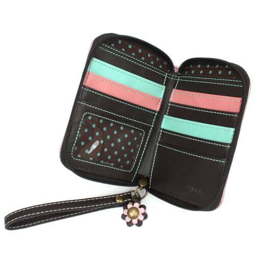 Image of CHALA Zip Around Wallet, Wristlet, 8 Credit Card Slots, Sturdy Pu Leather - Flamingo Group - glitter pink