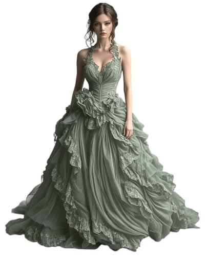 Dydsz Womens Gothic Halter Ruffle Sage Green Prom Dress Formal Ball Gown 20