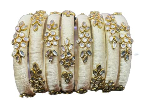 IJYA Sihan Handicrafts Kundan Work Silk Thread Bangle Kada For Women Girls 8 PC Set Wedding & Festive Occasion Handmade Multicolored Chura Chuda Chudi Stone Studded(Beige)