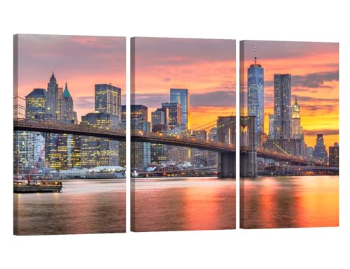 Brooklyn Bridge Wall Art for Living Room Manhattan Skyline at Sunset Landscape Wall Decor New York City New York USA Home Decor the East River Office Decor 3 Pieces Framed Ready to Hang 20X40X3 INCH