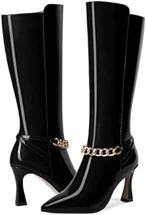 AMBELIGHT Women's Zip High Heel Stiletto Solid 3.3 Inch Sexy Patent Mid Calf Party Pointed Toe Boots Black Size 8 - Zapatos de Tacon | Image 5