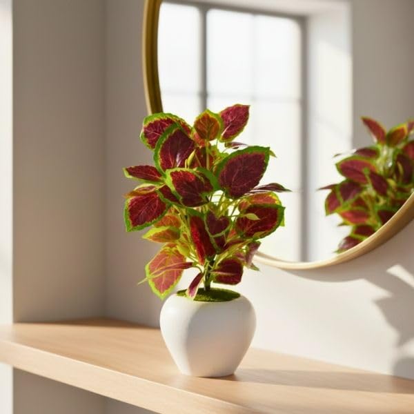 Image of fancymart Artificial Plant Leaves in Apple Pot (30 cm Height) | Small Potted Plant for Office Desk | Home Decor for Living Room | Cafe & Restaurant Table Decoration
