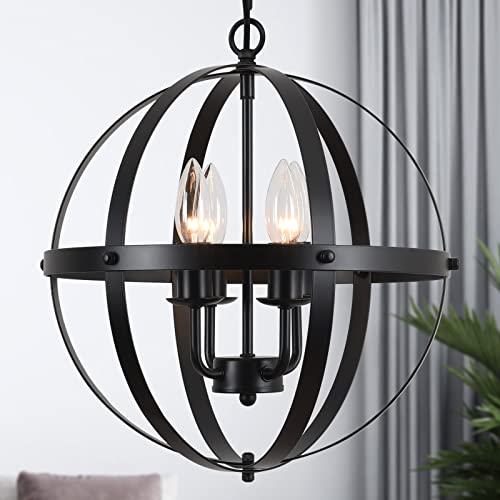 Black Farmhouse Chandelier 4 Light Industrial Rustic Chandelier Dining Room Lighting Fixtures Hanging Globe Orb Pendant Light Fixture For Kitchen Island Bedroom #TOP30