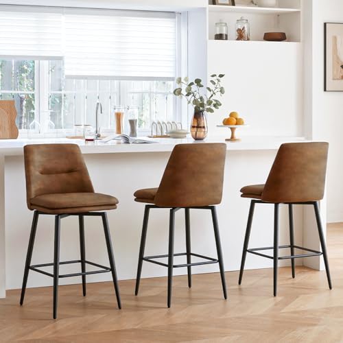 GrandNoor Coffee Counter Height Bar Stools Set of 3, 26 Inch Seat Height with Back and Metal Legs, 360° Swivel Upholstered Faux Leather Swivel Bar Stools