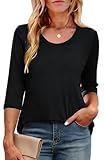 Crewhpo Camiseta Manga 3/4 Mujer Cuello Redondo Básica Top Elegante Túnica Blusas Color Sólido Verano Casual Camisetas Holgada y Cómoda