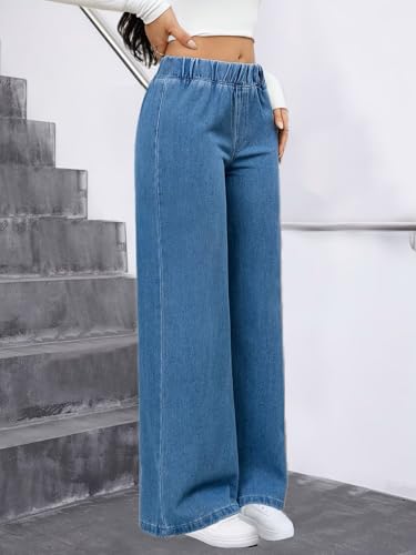 Image of ADBUCKS Women's Stretchy Elastic Waist Wide-Leg Jeans - Minimalist Pocket-Free Drapey Denim Pants, Comfortable Pull-On Style, Ideal for Daily Commute & Casual Wear